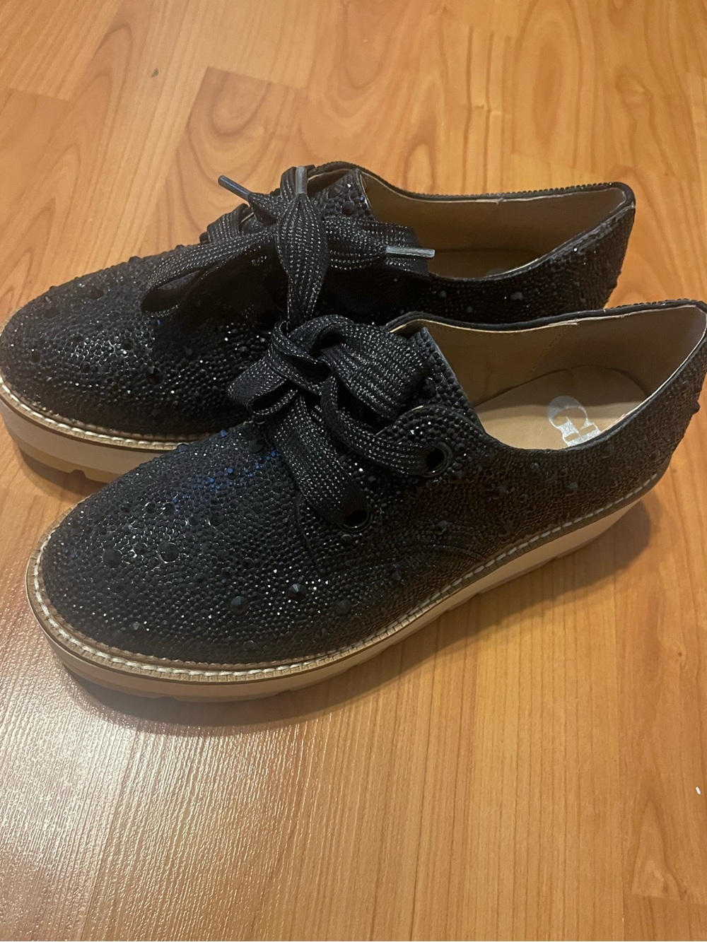 Black Sequin Lace-Up Platform Flats